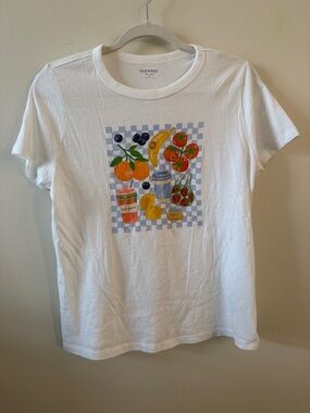 Old Navy White Tee with Colorful Fruit & Kitchen Print